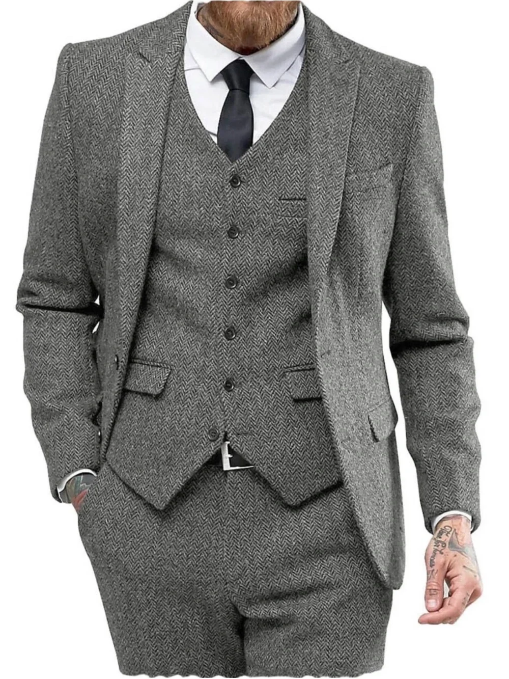 Men's Grey Herringbone 3-Piece Suit - Classic Tailored Fit XL 42 Waist 37.5